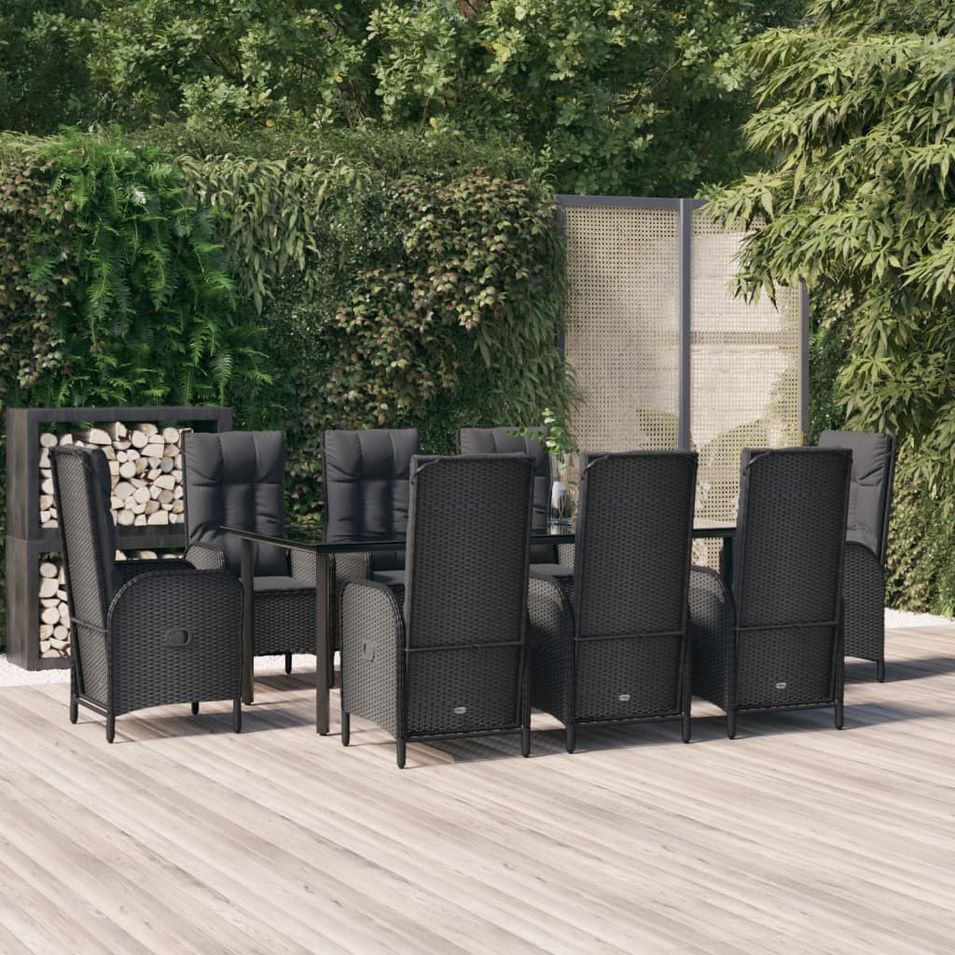 Mobilier à dîner de jardin 9pcs et coussins noir résine tressée - Photo n°1