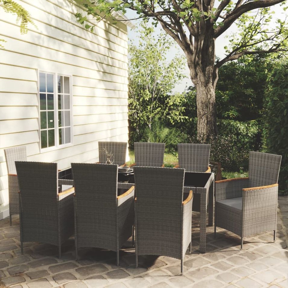 Mobilier à dîner de jardin 9pcs et coussins Résine tressée Gris - Photo n°1