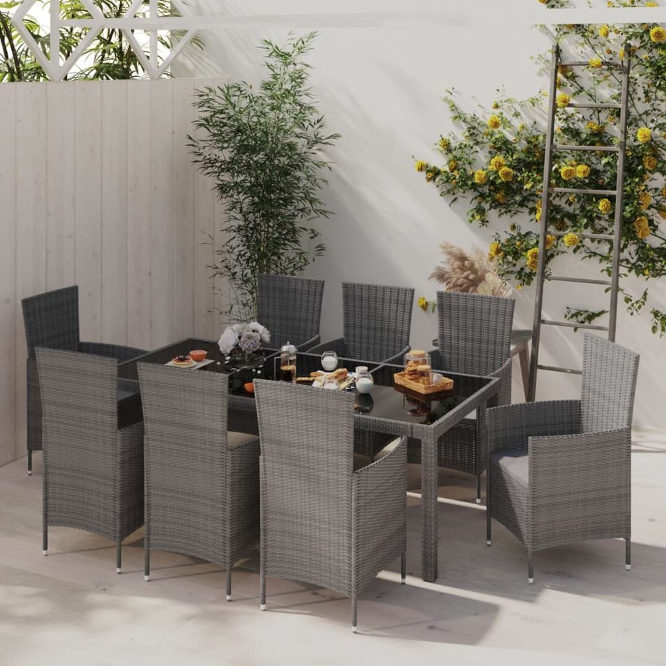 Mobilier à dîner de jardin 9pcs et coussins Résine tressée Gris - Photo n°1