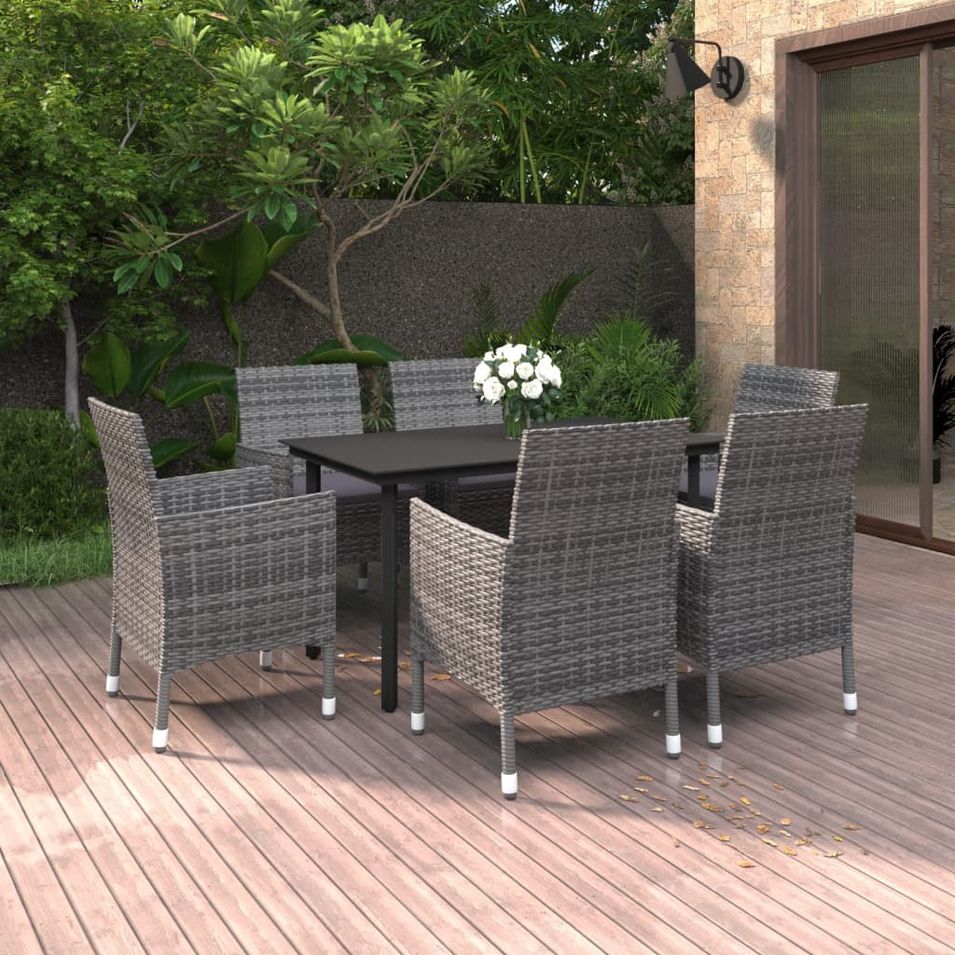 Mobilier à dîner de jardin coussins 7 pcs Résine tressée Verre - Photo n°1