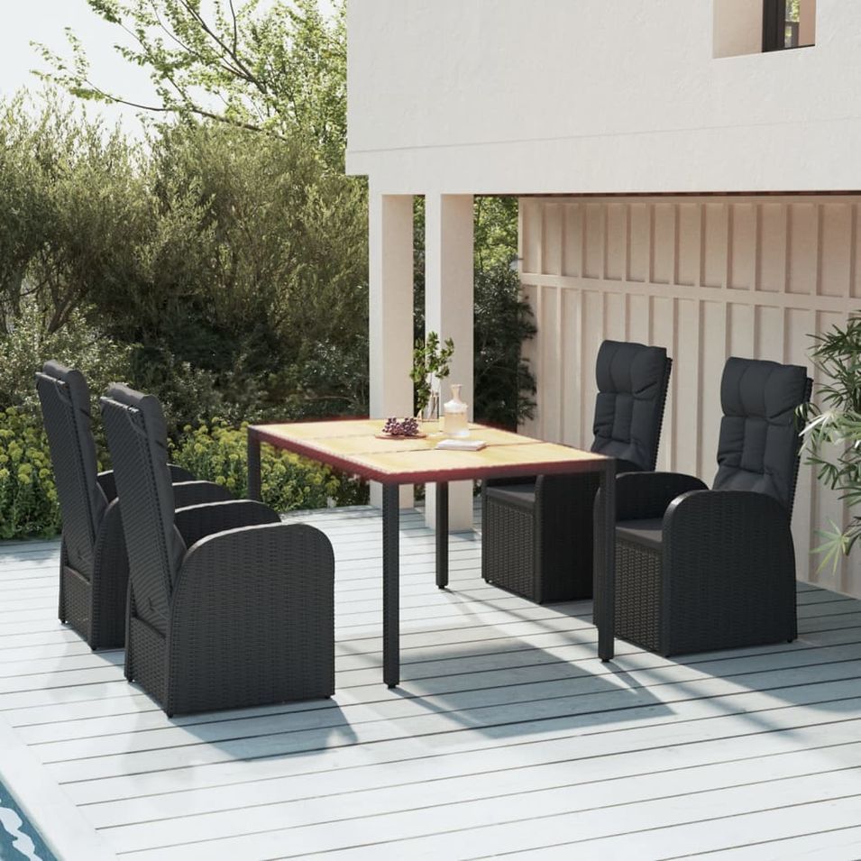 Mobilier à dîner de jardin et coussins 5pcs Noir Résine tressée - Photo n°1