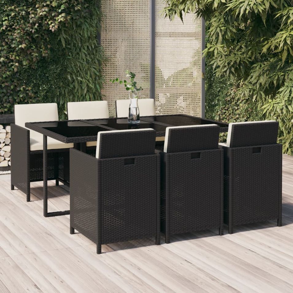 Mobilier à dîner de jardin et coussins 7pcs Résine tressée Noir - Photo n°1