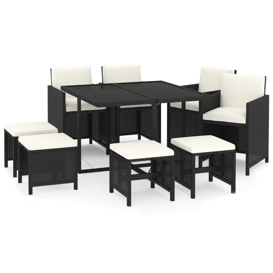 Mobilier à dîner de jardin et coussins 9pcs Résine tressée Noir - Photo n°1
