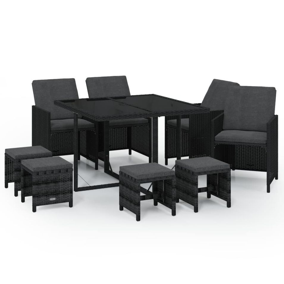 Mobilier à dîner de jardin et coussins 9pcs Résine tressée Noir - Photo n°1