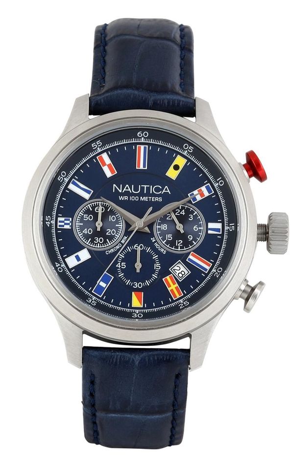 Nautica Nct 16 Flags-chrono Flags - Sea - Water Fun Nai16520g - Br Slv Case - Navy Dial W/ Flags - Chronograph - Navy Leather Strap - 44 Mm - Photo n°1