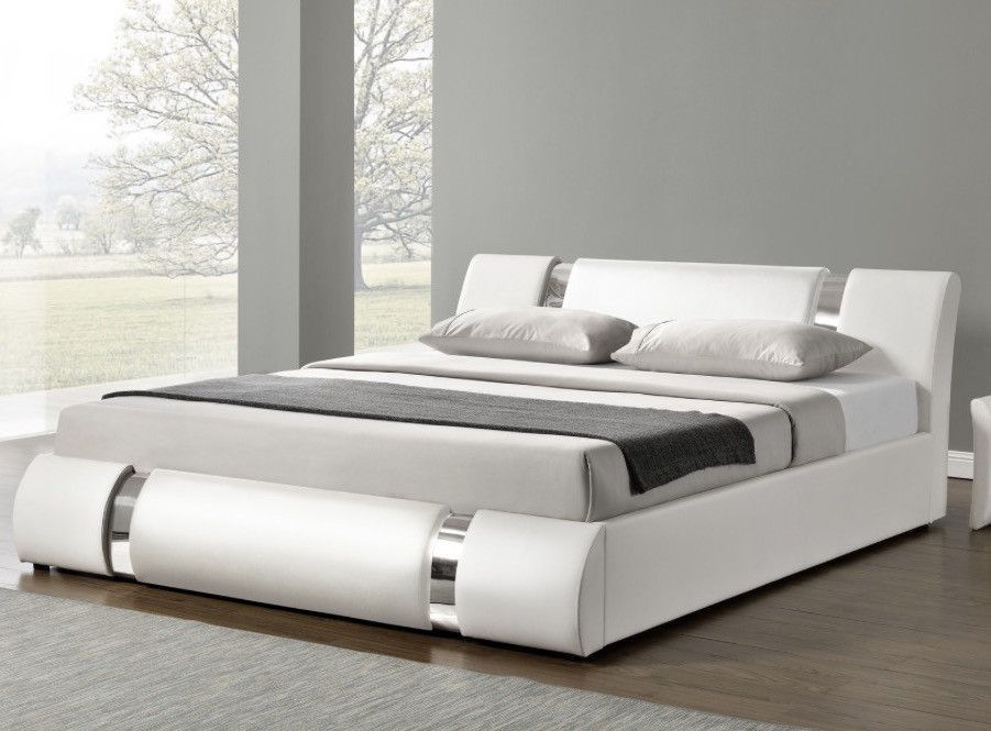 Lit design coffre 160x200 cm similicuir blanc et métal Ange - Photo n°1