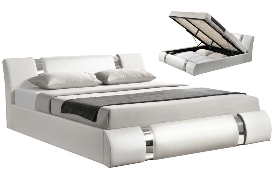 Lit coffre design 180x200 cm similicuir blanc et métal Ange - Photo n°1