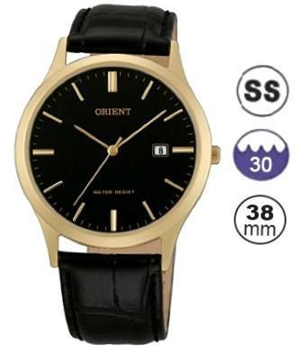Orient Basic Quartz -gent - Ss Gold Plated Case - Leather Strap - Black Dial - Quartz - Time-date-day - Mineral Glass - 40mm - 3atm FUNA1001B0 - Photo n°1