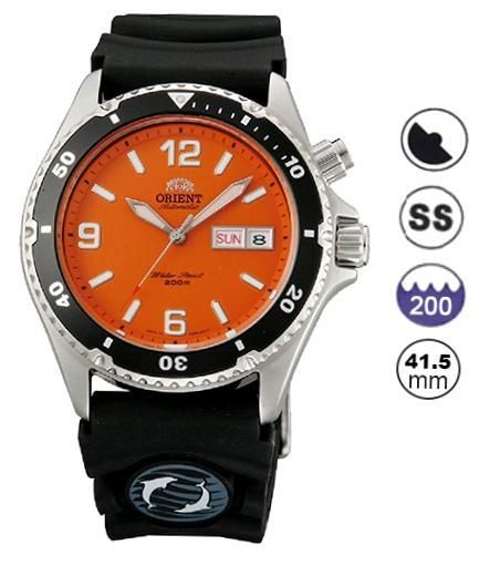 Orient Mako Ray Orange Sub 200m. Automatic - Gent - S/s Case - Rubber Strap - Day / Date - 41.5mm FEM65004MW - Photo n°1