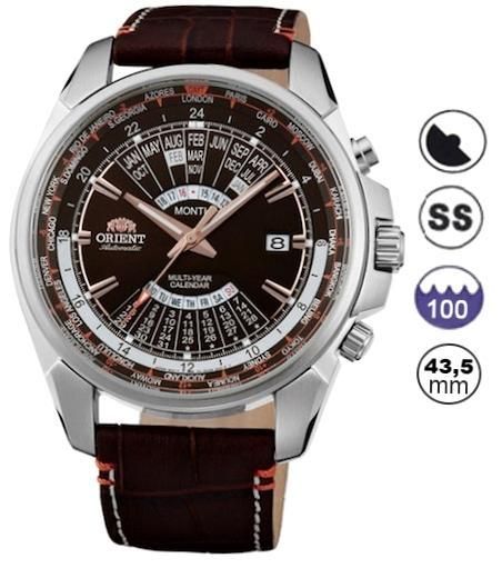 Orient Multi Year Gmt Chrono Worldtime - Automatic - Complex Calendar (day, Date, Month, Year) - S/s Case - Brown Leather Strap - Brown Dial - Silver/brown Inner Bezel - Mineral Glass - Wr 100m - FEU0B004TH - Photo n°1