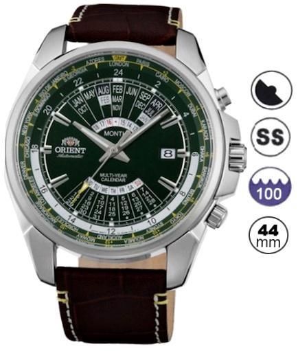 Orient Multi Year Gmt Chrono Worldtime - Automatic - Complex Calendar (day, Date, Month, Year) - S/s Case - Brown Leather Strap - Green Dial - Silver/green Inner Bezel - Mineral Glass - Wr 100m - FEU0B003FH - Photo n°1
