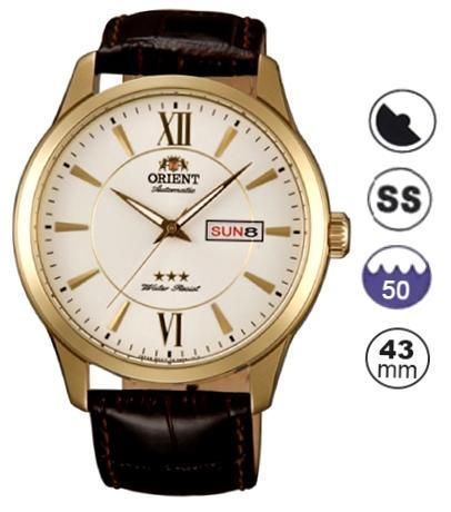 Orient Three Star -3h- Day/date - Gold- Leather Strap FEM7P005W9 - Photo n°1