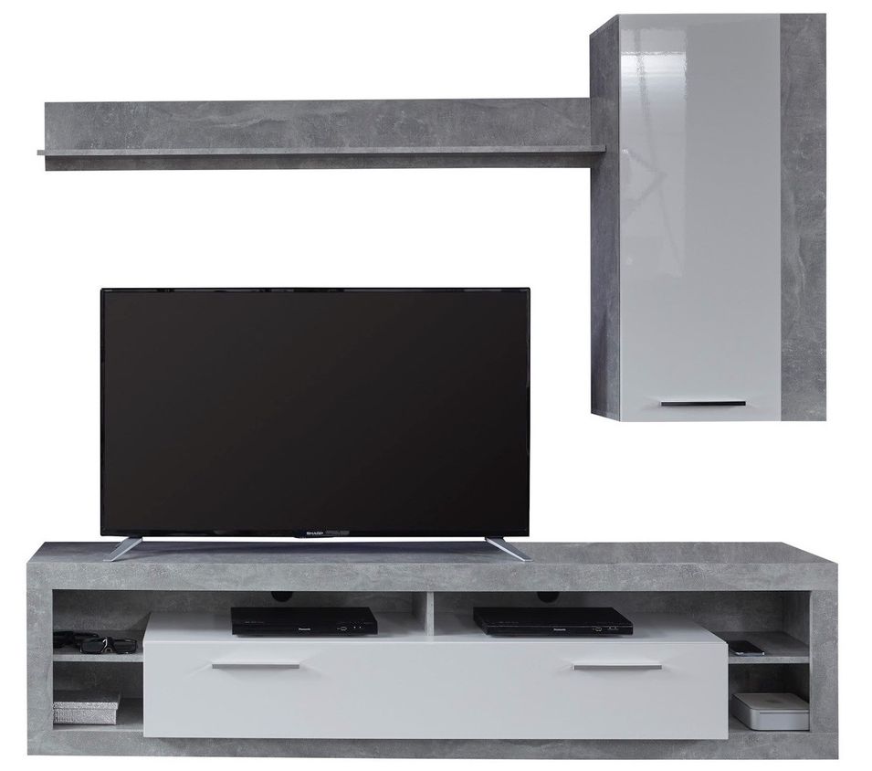 Pack 1 banc TV 1 meuble suspendu et 1 étagère blanc brillant et gris Roska - Photo n°1