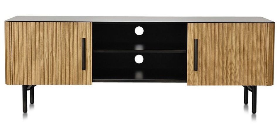 Meuble TV 2 portes chêne massif clair et acier noir Paloma 170 cm - Photo n°1