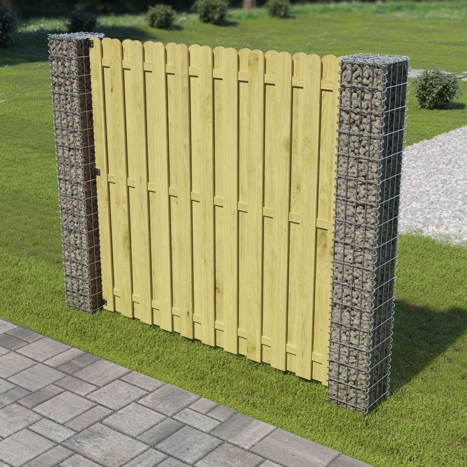 Panneau de clôture de jardin avec poteaux en gabion Bois de pin 2 - Photo n°1