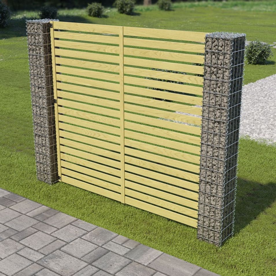 Panneau de clôture de jardin avec poteaux en gabion Bois de pin - Photo n°1