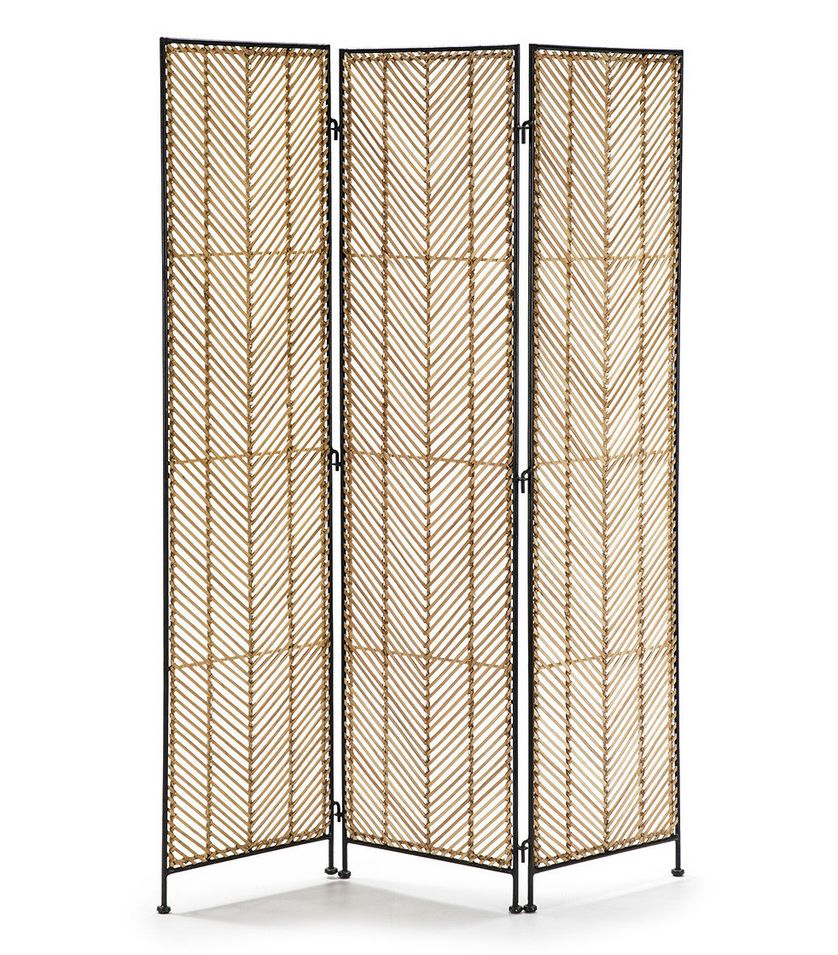 Paravent 3 volets osier naturel et métal noir - Photo n°1