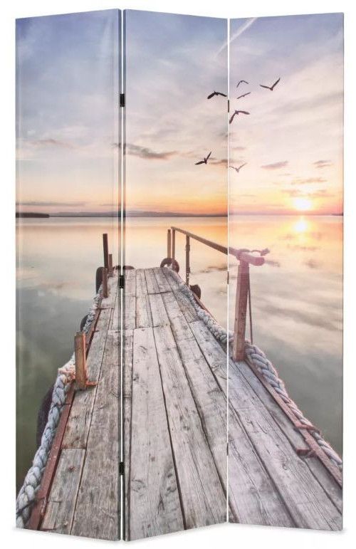 Paravent décoratif imprimé 3 volets bois et tissu Lake - Photo n°1