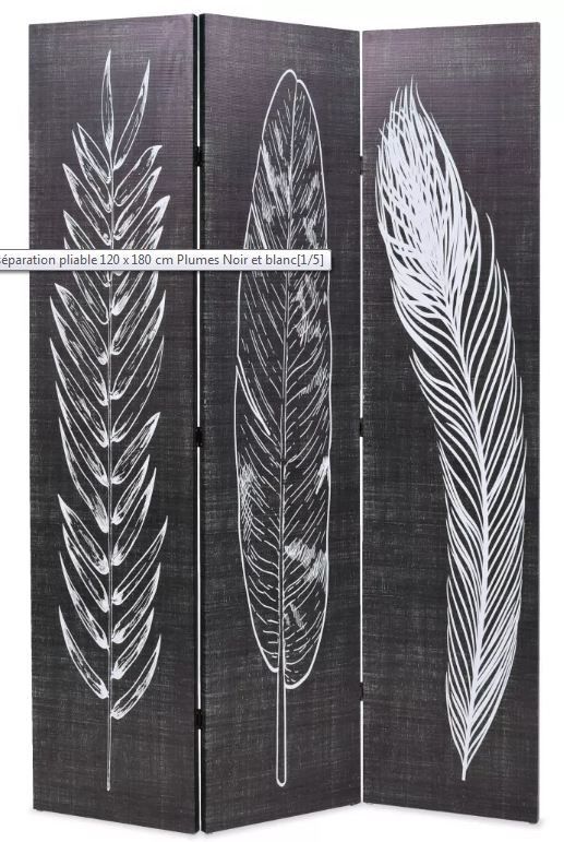 Paravent décoratif imprimé 3 volets bois et tissu noir et blanc Kokko - Photo n°1