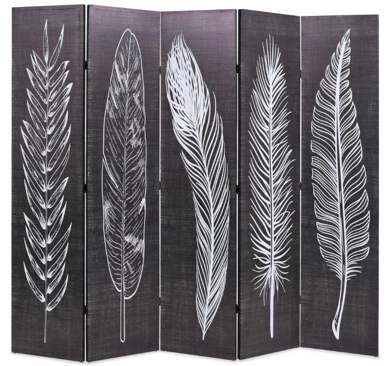 Paravent décoratif imprimé 5 volets bois et tissu noir et blanc Kokko - Photo n°1