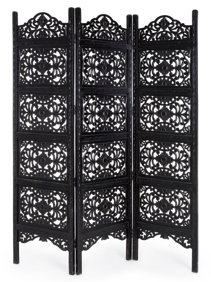 Paravent en bois de manguier noir 3 volets Kara - Photo n°1