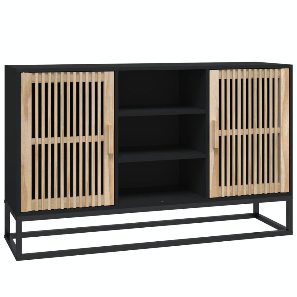 Petit buffet en bois naturel 2 portes 2 étagères et pieds en métal noir 105 cm - Modèle Bolivia - Photo n°1
