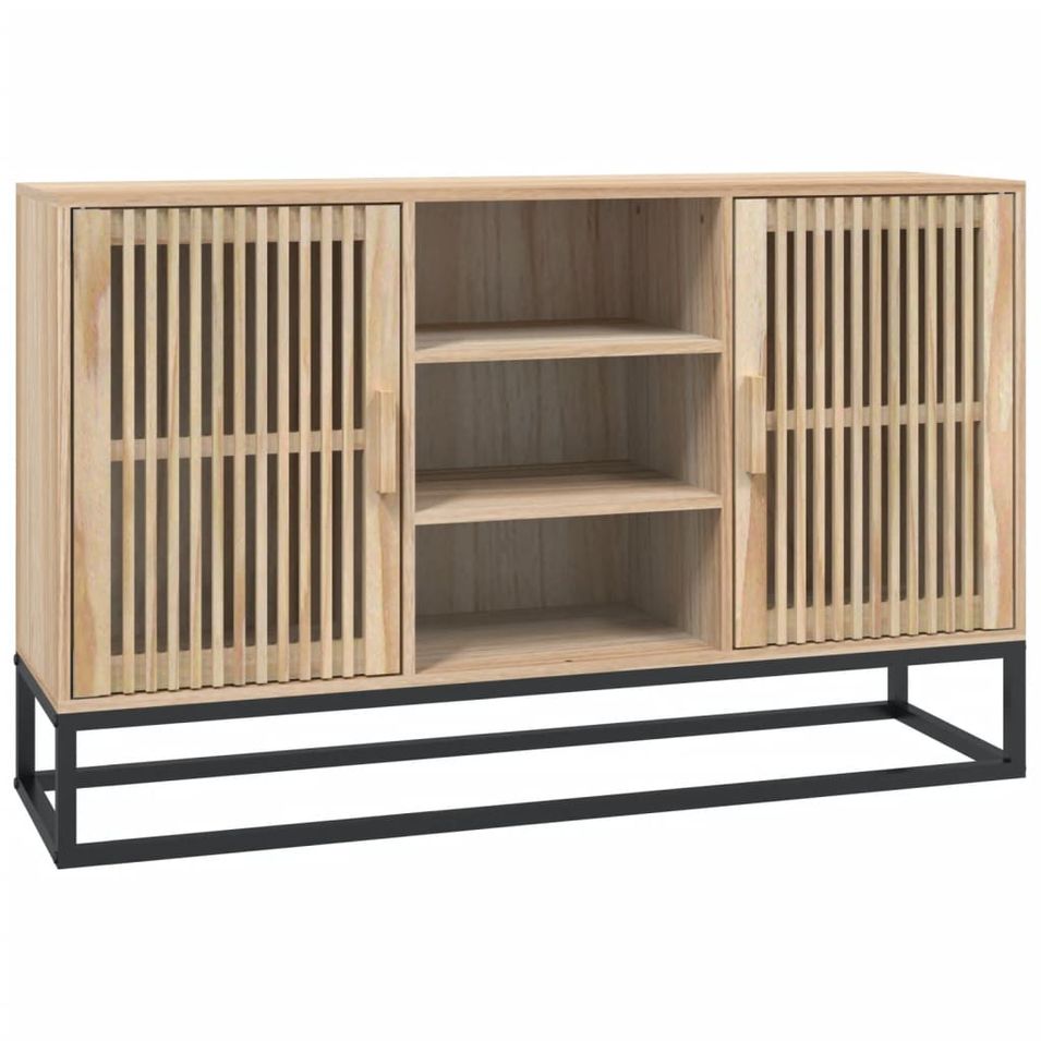 Petit buffet en bois naturel 2 portes 2 étagères et pieds en métal noir 105 cm - Modèle Bolivia - Photo n°1