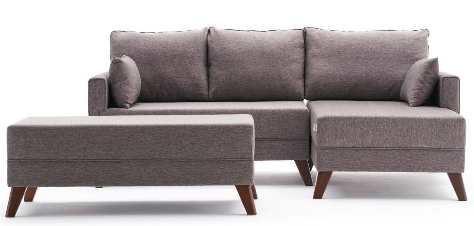 Petit canapé convertible d'angle droit avec pouf tissu marron clair Kandy 205 cm - Photo n°1