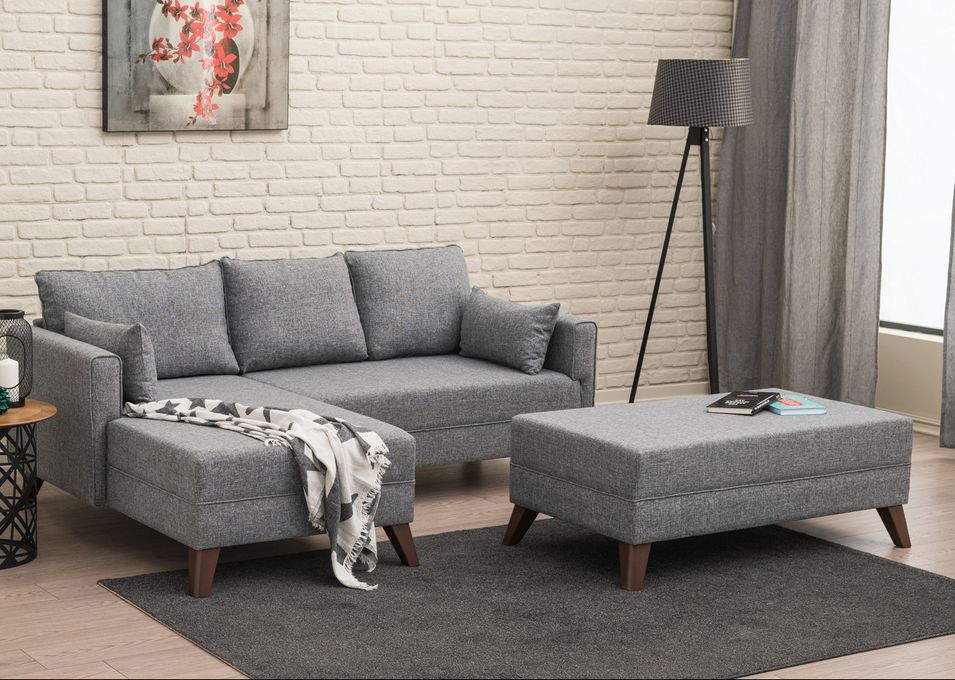 Petit canapé convertible d'angle gauche avec pouf tissu gris Kandy 205 cm - Photo n°1