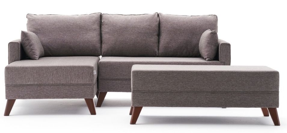 Petit canapé convertible d'angle gauche avec pouf tissu marron clair Kandy 205 cm - Photo n°1