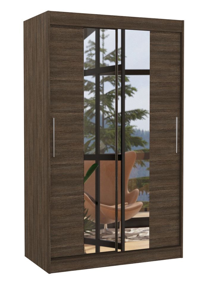 Petite armoire de chambre 2 portes coulissantes marron et miroir Tinko 120 cm - Photo n°1