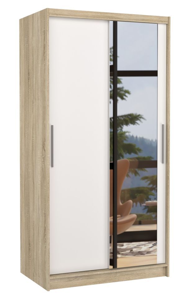 Petite armoire de chambre BAZO 2 portes coulissantes bois et miroir - Photo n°1