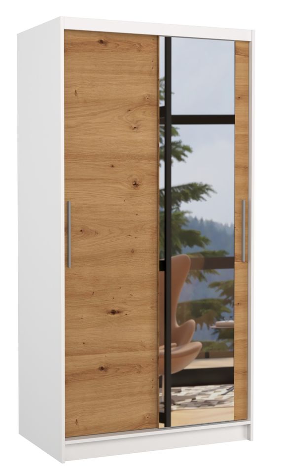 Petite armoire de chambre BAZO 2 portes coulissantes bois et miroir - Photo n°1