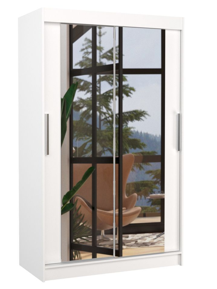 Petite armoire moderne de chambre à coucher blanche avec 2 portes coulissantes miroir Ibizo 120 cm - Photo n°1
