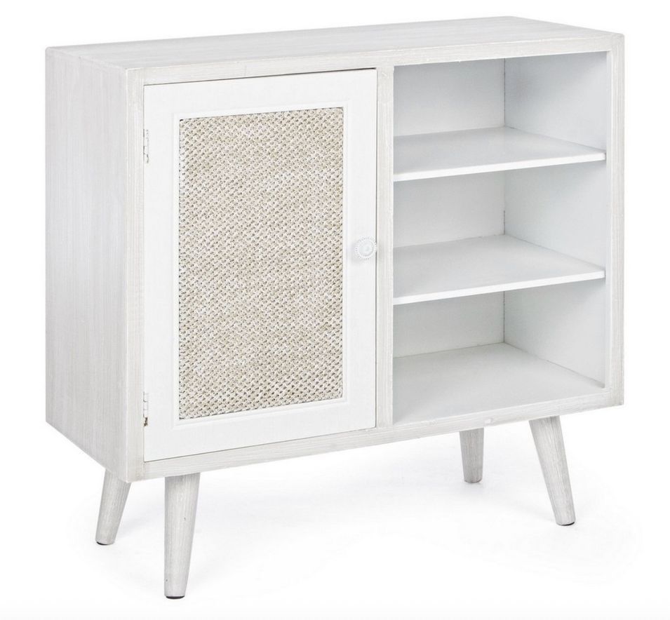 Petite commode 1 porte 3 étageres MONTIEL 66 cm – Bois & tissu lin - Photo n°1