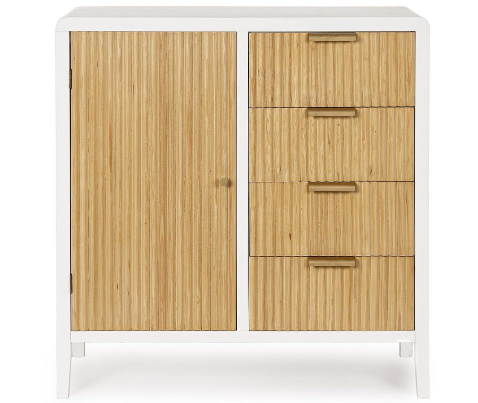 Petite commode 1 porte 4 tiroirs CHARLEY 80 cm – Blanc & naturel - Photo n°1