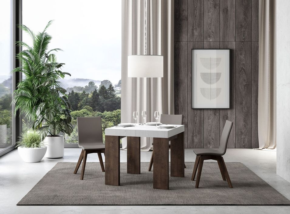 Petite table carrée extensible blanche et bois noyer 90 à 246 cm Ribo - Photo n°1