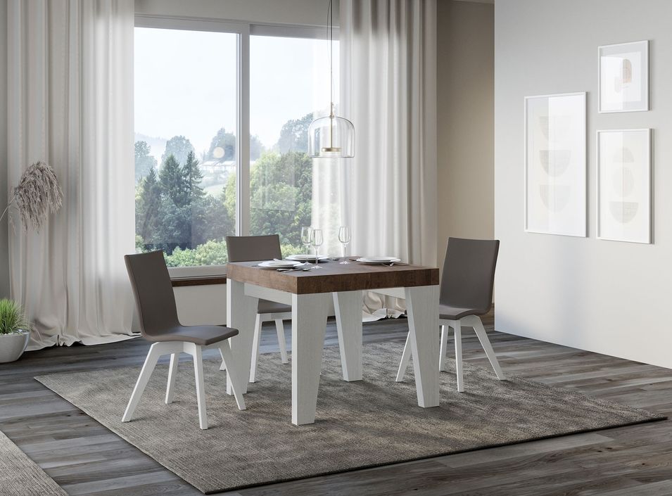 Petite table carrée extensible bois blanc et noyer 90 à 246 cm Nako - Photo n°1