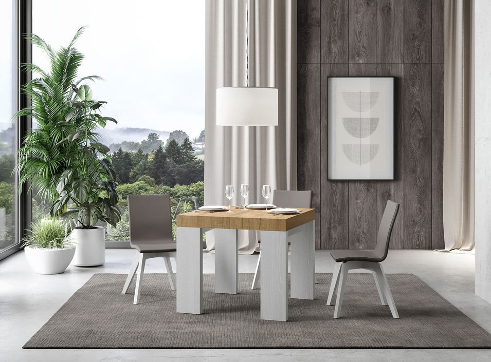 Petite table carrée extensible bois clair et blanc 90 à 246 cm Ribo - Photo n°1