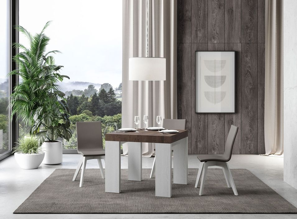 Petite table carrée extensible bois noyer et blanc 90 à 246 cm Ribo - Photo n°1