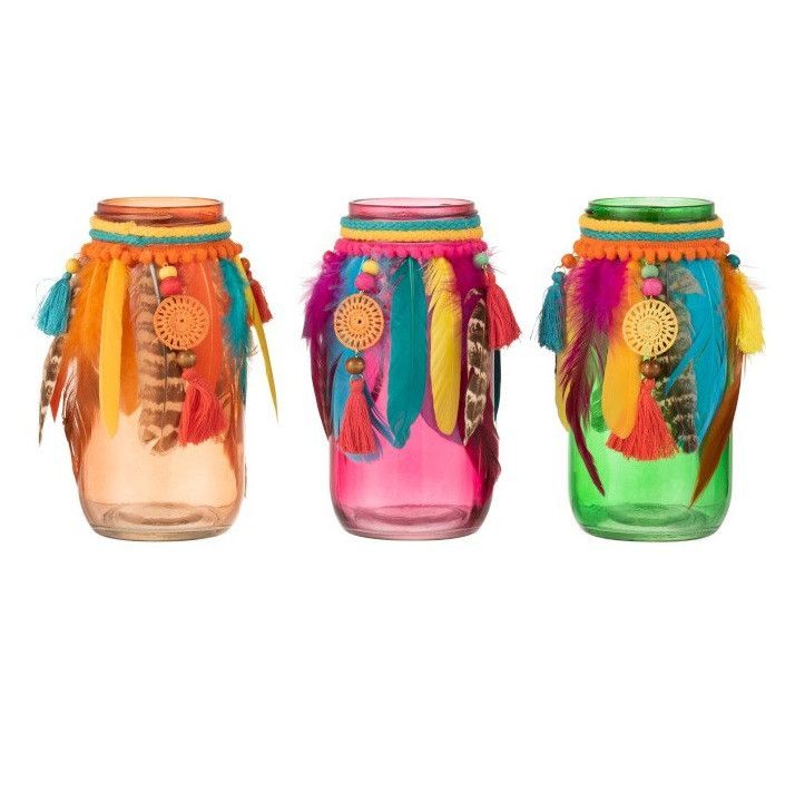 Photophores verre multicolore et plumes Veeda - Lot de 3 - Photo n°1