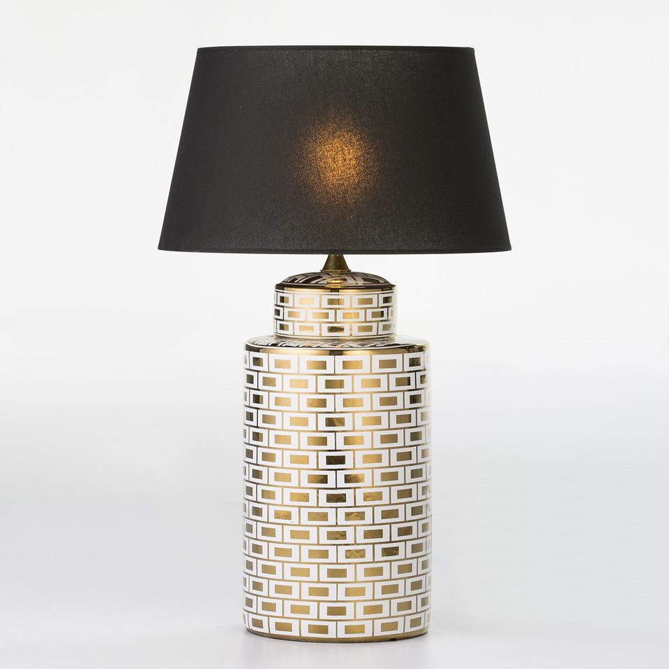 Pied de lampe en céramique motifs damiers blancs et dorés Charlie - Photo n°1