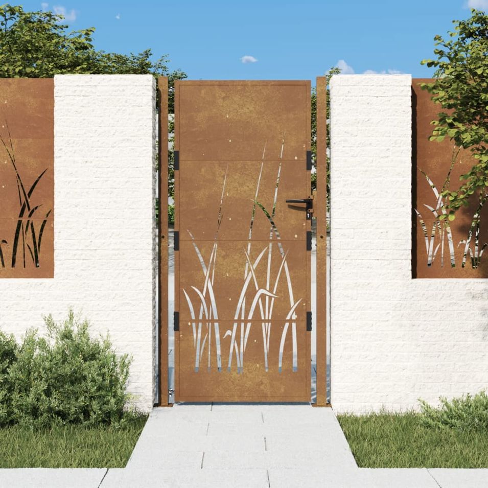 Portail de jardin 105x180 cm acier corten conception d'herbe - Photo n°1
