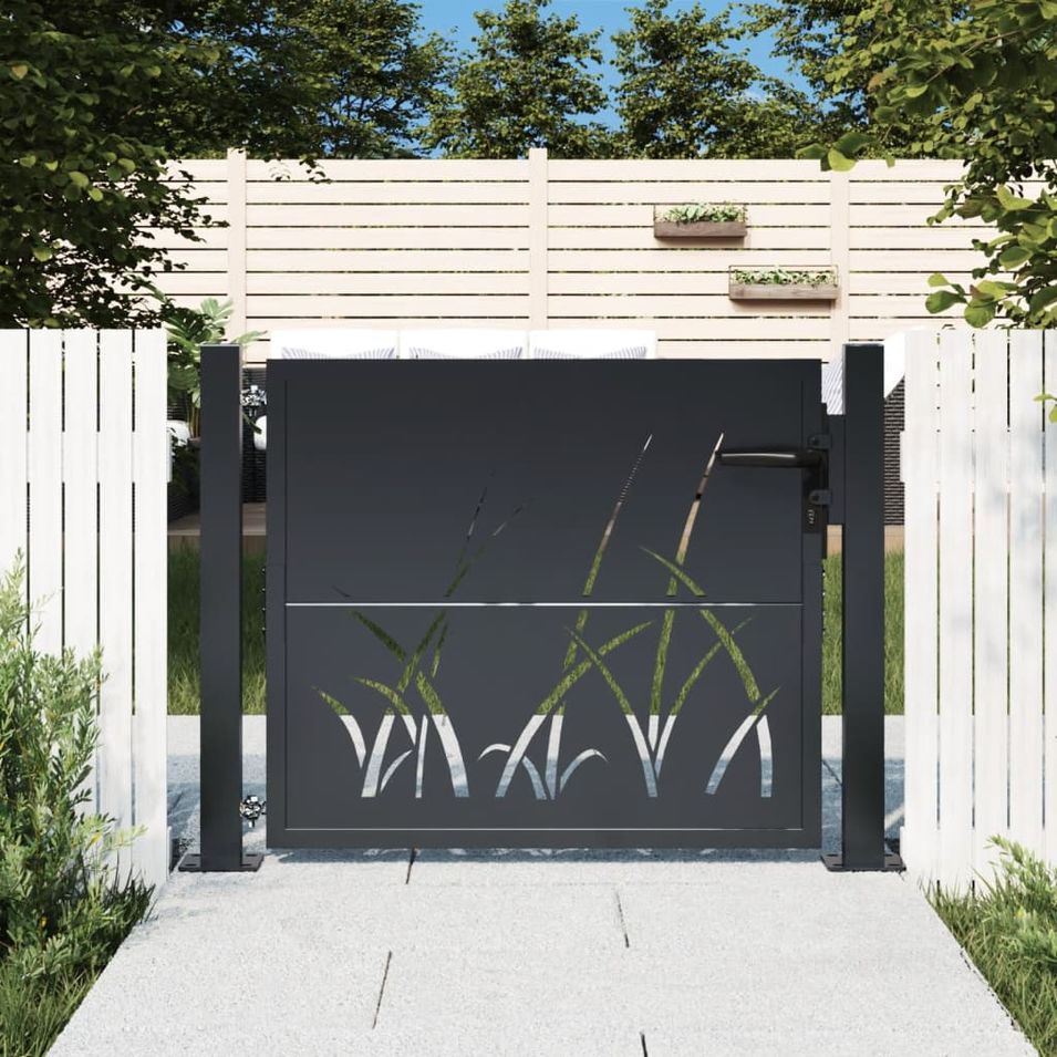 Portail de jardin anthracite 105x105cm acier conception d'herbe - Photo n°1