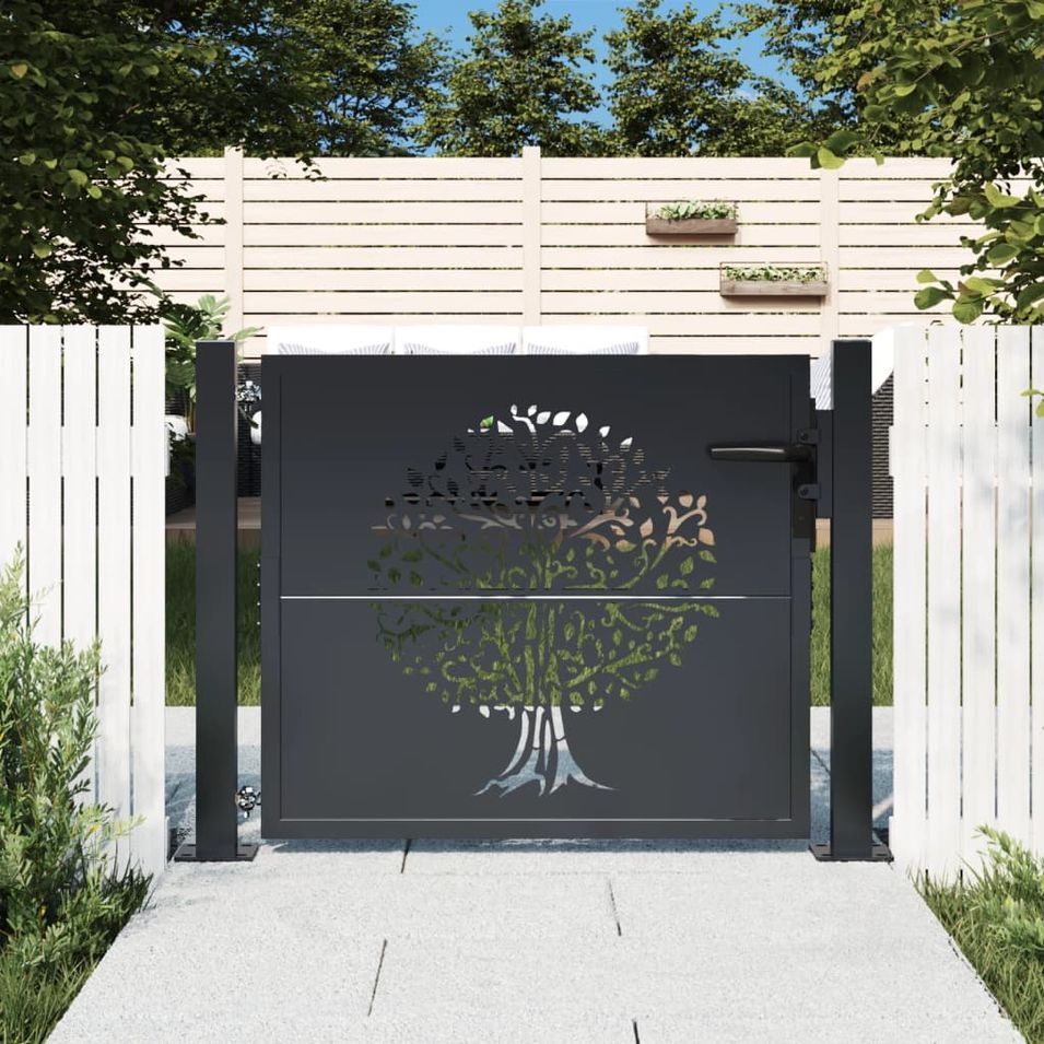 Portail de jardin anthracite 105x80 cm acier conception d'arbre - Photo n°1
