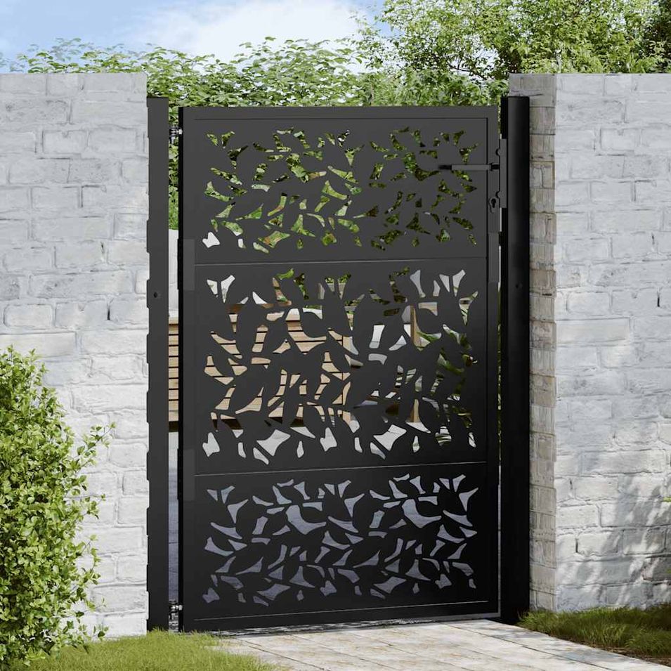 Portail de jardin noir 105x130 cm acier conception de feuilles - Photo n°1