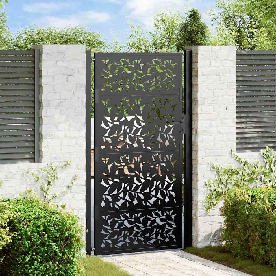 Portail de jardin noir 105x180 cm acier conception de feuilles - Photo n°1
