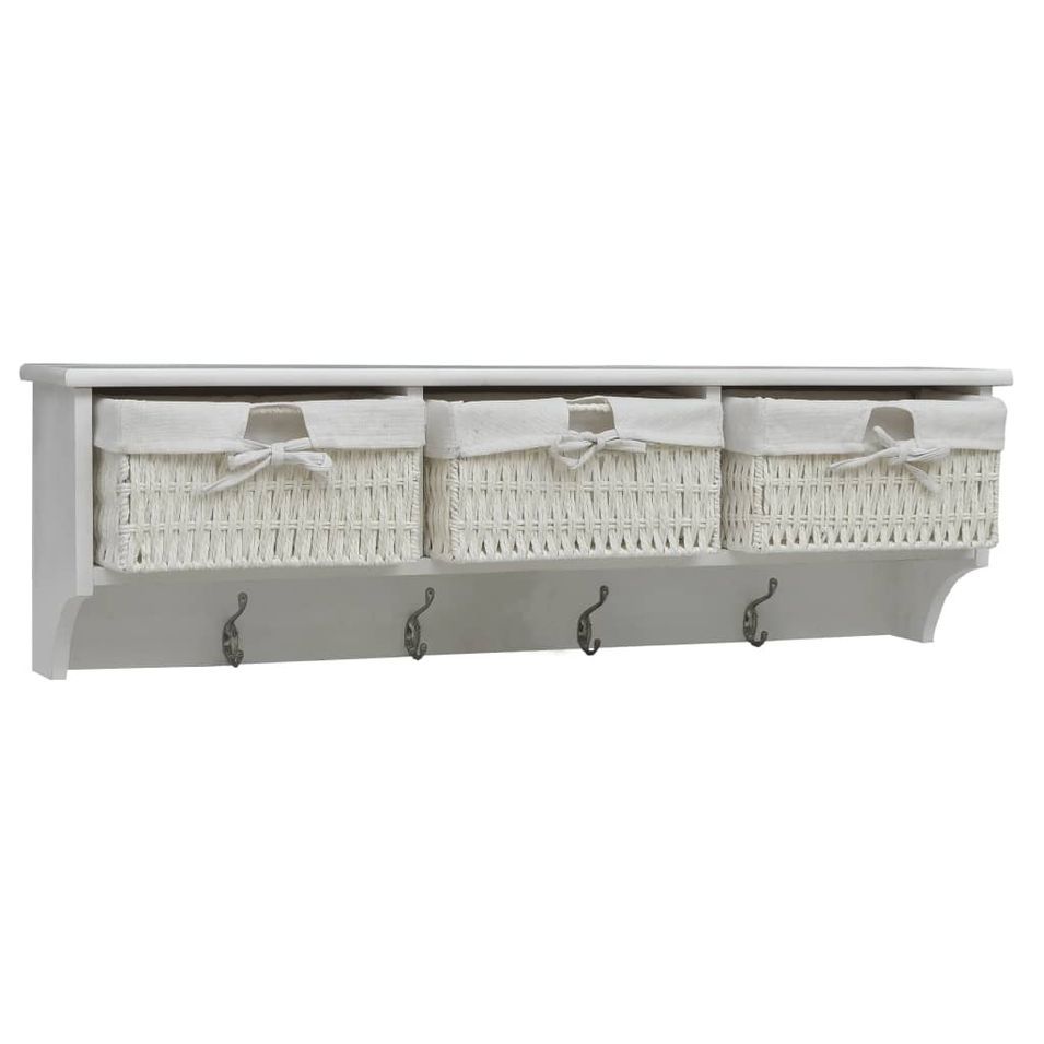 Porte-manteau mural avec 3 paniers Blanc Bois - Photo n°1