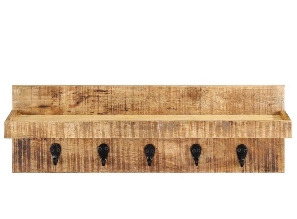 Porte-manteau mural bois de manguier brut et acier - 5 crochets - Photo n°1