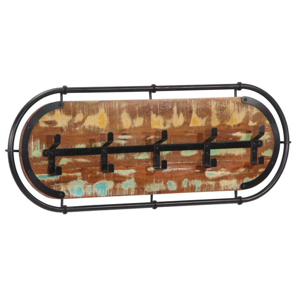 Porte-manteau mural en bois massif et fer - 5 crochets - Photo n°1